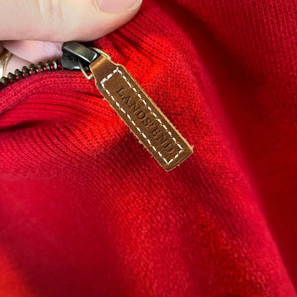 Lands' End Men's Long Sleeve Quarter Zip Pullover Sweater L T Red Plaid Collar‎